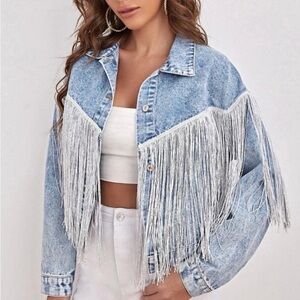 Fringed Light Blue Denim Jacket for Women